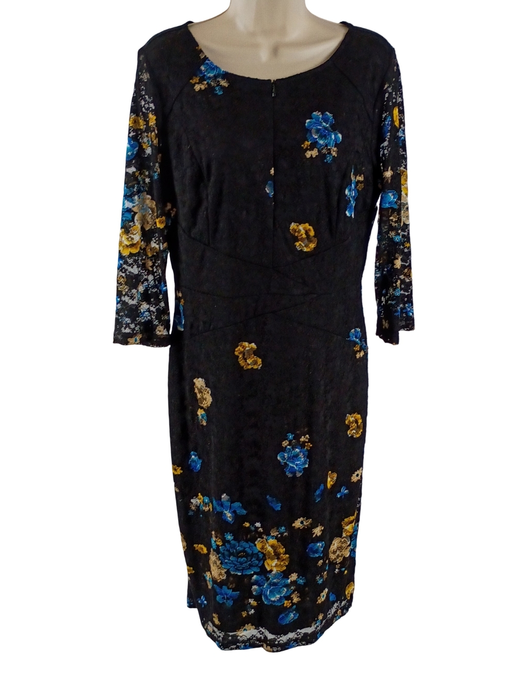 Black Floral Long-Sleeve Lace Overlay Sheath Dress with Blue & Gold Accents